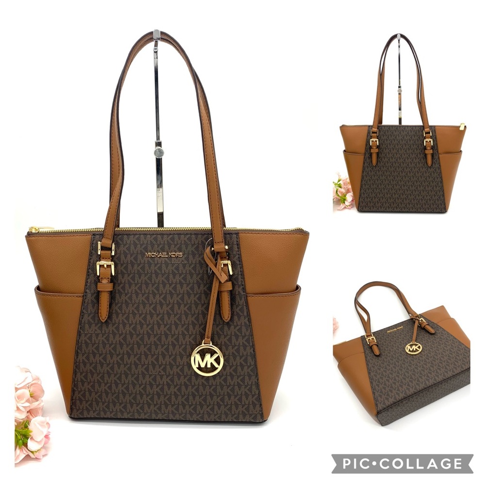 Michael Kors Charlotte Large Leather Top-Zip Tote Bag in Brown Luggage/ Gold